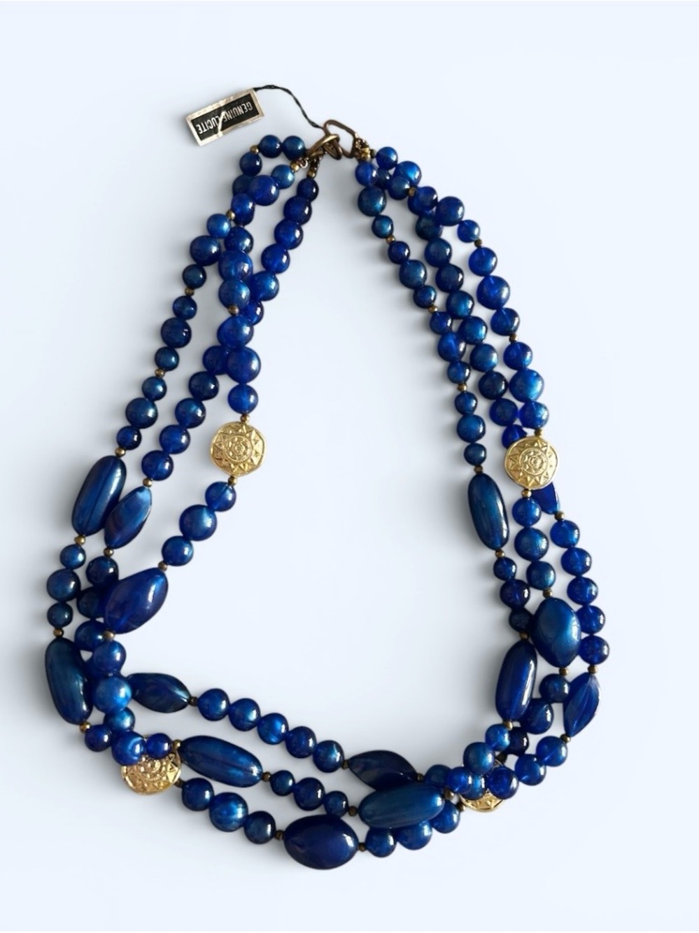 Vintage Genuine Lucite Cobalt Blue Necklace with Gold Tone Medallions